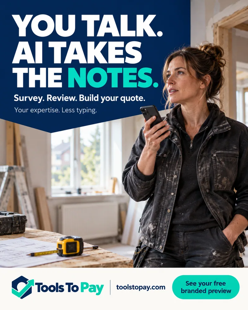 Tools to Pay: You talk. AI takes the notes. A tradesperson records a site survey on her phone. Survey, review, build your quote. Your expertise. Less typing.