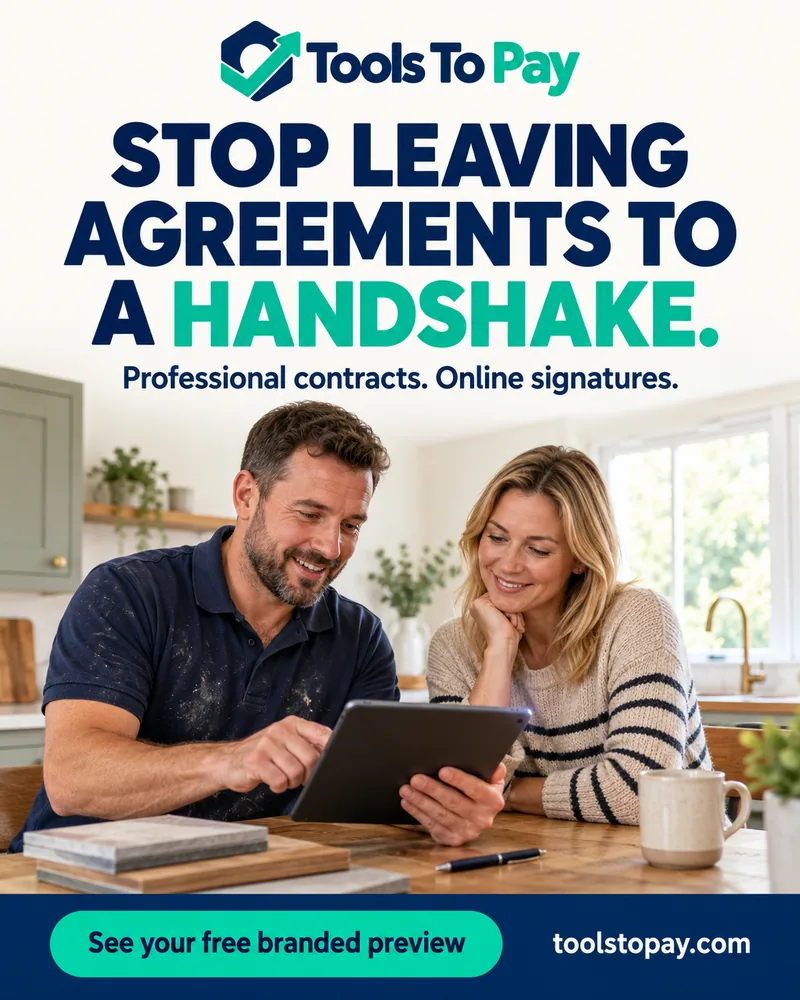 Tools to Pay: Stop leaving agreements to a handshake. A tradesperson and customer review a tablet together. Professional contracts. Online signatures. See your free branded preview.