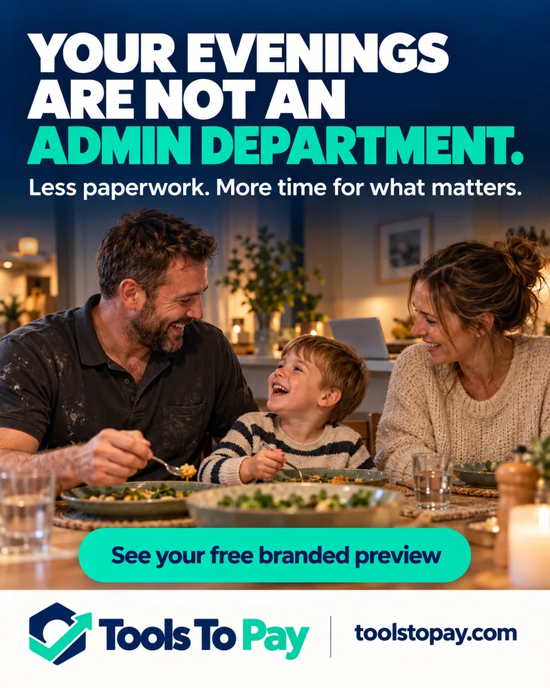 Tools to Pay: Your evenings are not an admin department. A family enjoys dinner together. Less paperwork. More time for what matters. See your free branded preview.